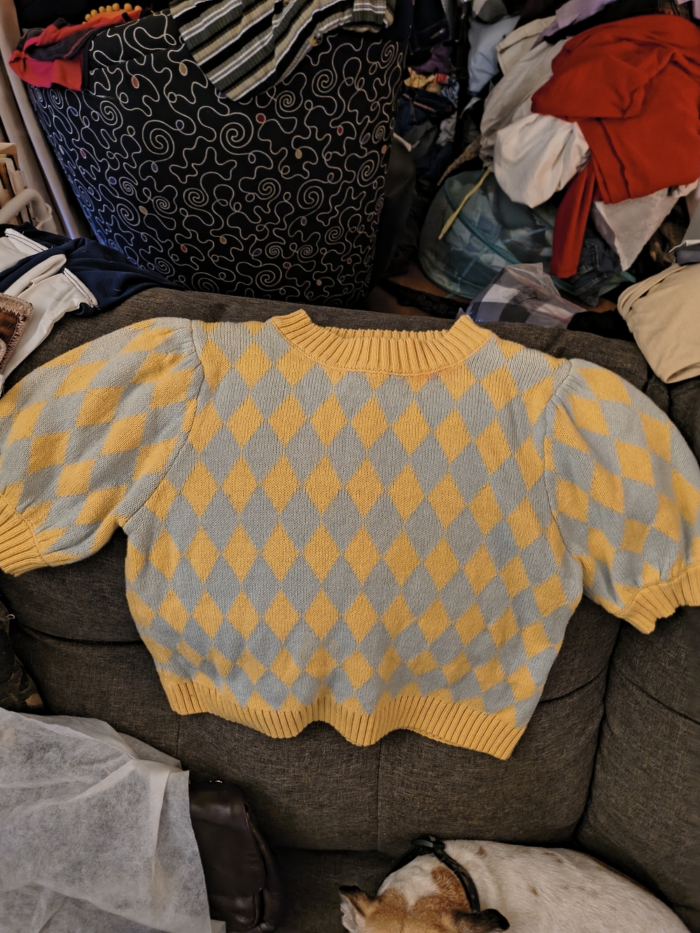 Forever 21 Yellow and Light Blue Argyle Puff-Sleeve Sweater